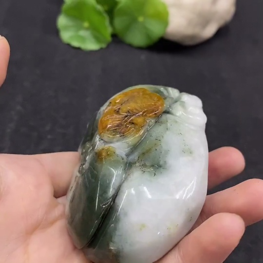 F34995567 Jadeite Handheld Carving 'Abundance Year after Year' with Yellow Part of Undetermined Color Origin, Total Weight Approx. 248.15g