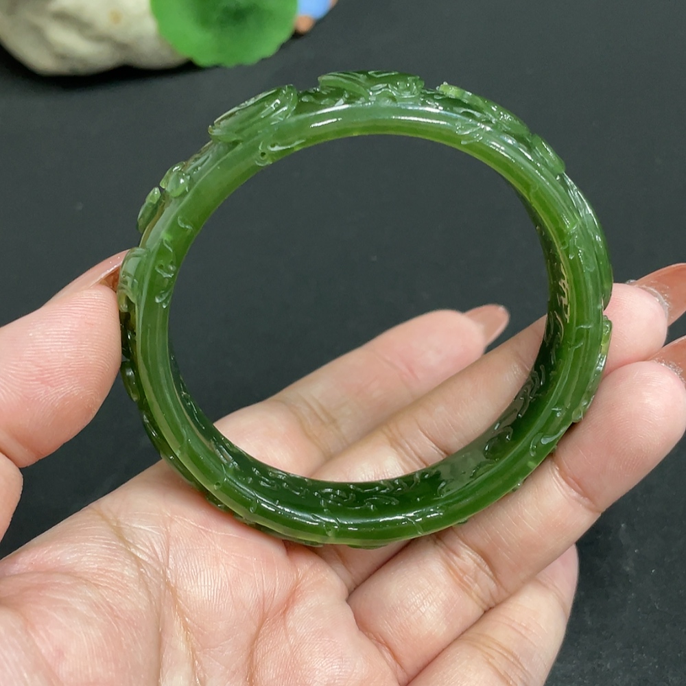 H34004262 Hetian Jade Jasper Carved Flower Bracelet Size 57.3 Total Weight Approx. 44.1g
