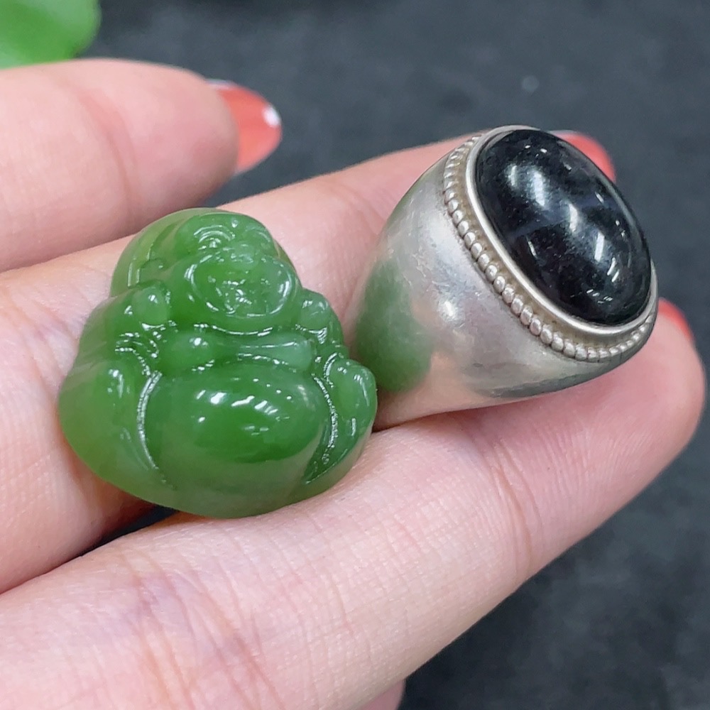H34980229 Hetian Jade Pendant + Openable Inlaid Ring Non-Gold Total Weight Approx. 13.6g