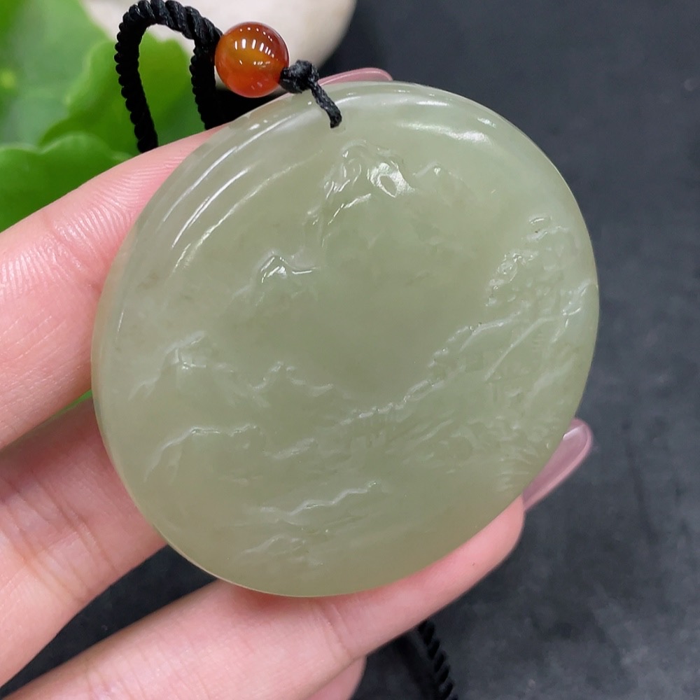 H33884873 Hetian Jade Pendant - Landscape Plaque, Total Weight (Including Rope): Approx. 43.1g