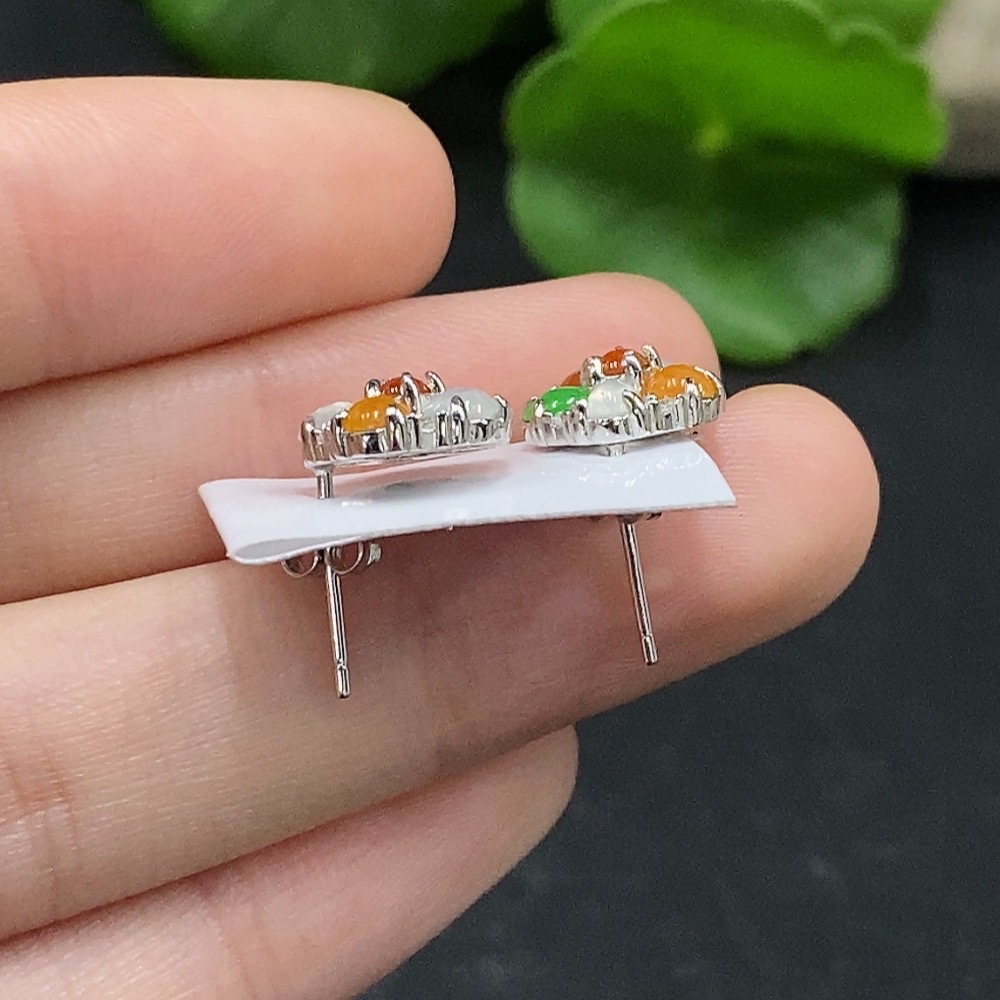 F33946427 Jadeite Cabochon Earrings Non-Gold Setting Total Weight Approx. 2.4g Yellow-Red Part Color Origin Undetermined
