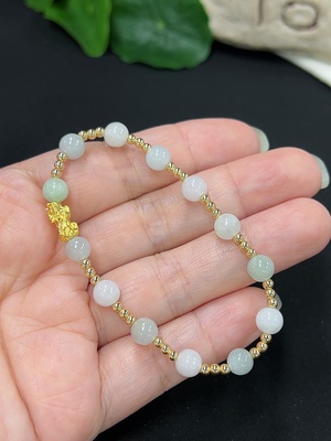 F46545549 翡翠手串 卡5.9mm左右 圆珠18k,其余含金99% （空心金易损）货品总重约5g