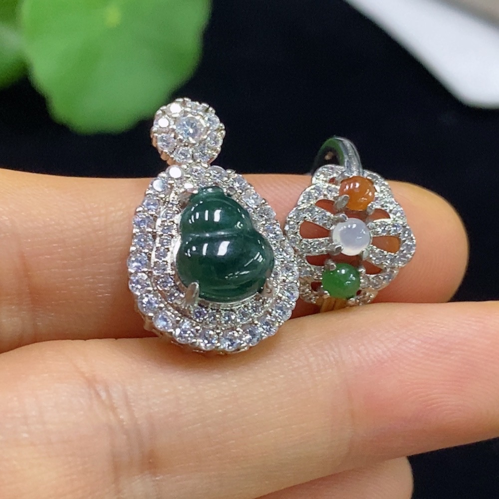 F34071846 Jadeite gourd inlaid pendant / cabochon inlaid ring non-metal adjustable