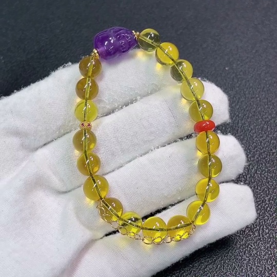 C33923145 Amber Beeswax Bracelet with Crystal + Red Agate, Non-Gold, Total Weight Approx. 8.89g, Size About 7.7mm