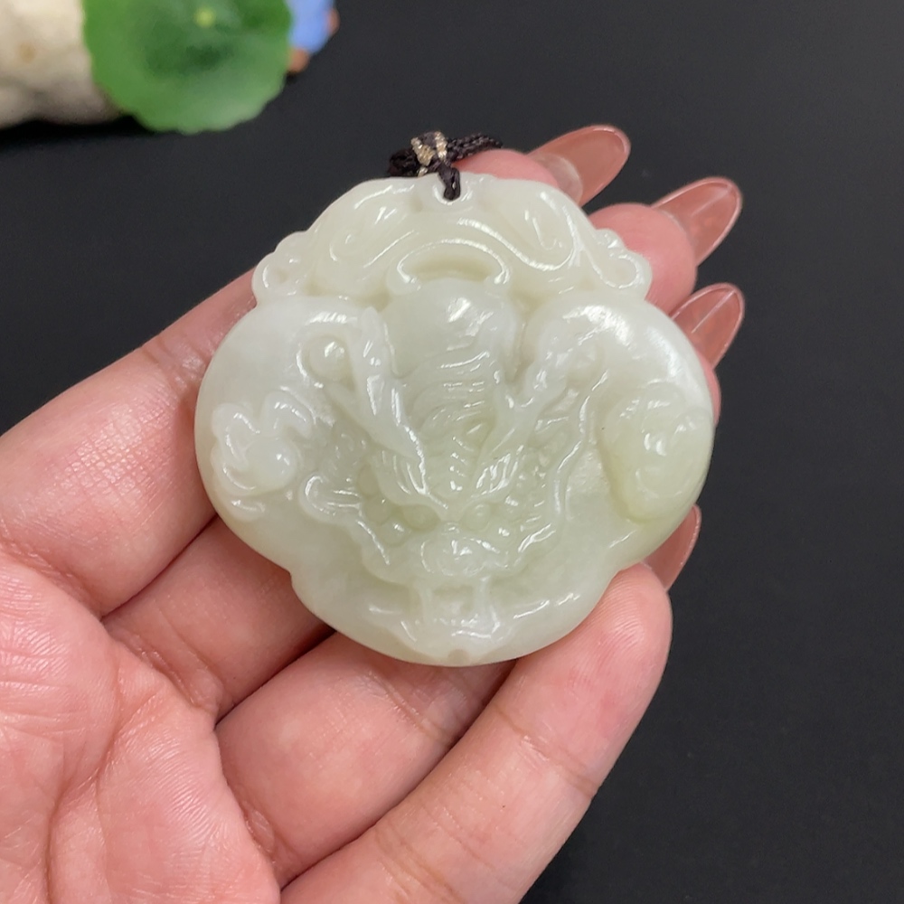 H34074310 Hetian Jade Pendant Dragon Total Weight approx. [with rope] 54.3g