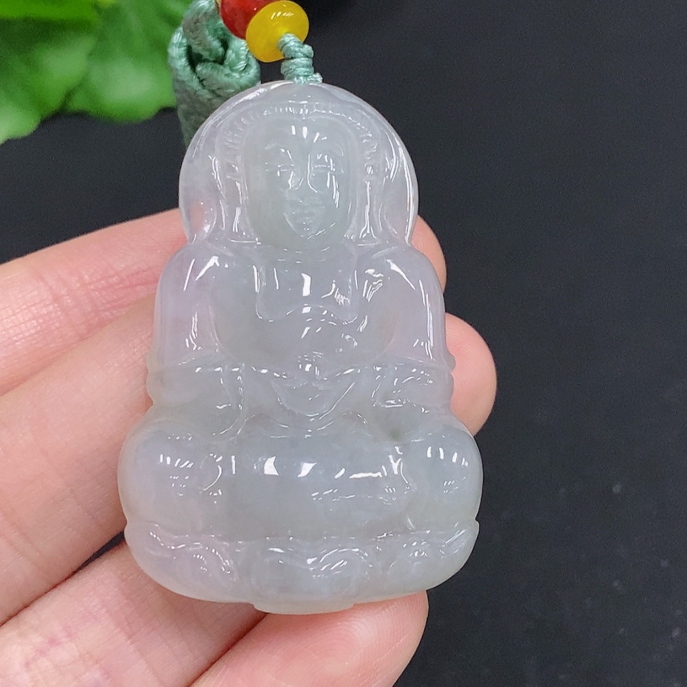 F32757816 Jadeite Guanyin Pendant with a total weight of approximately 18.1 grams (including rope weight) and non-jadeite beads