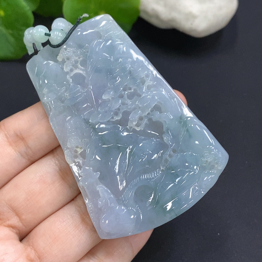 F29410913 Jadeite Landscape Pendant with Chain Total Weight Approx. 84.5g (Color Origin Undetermined)