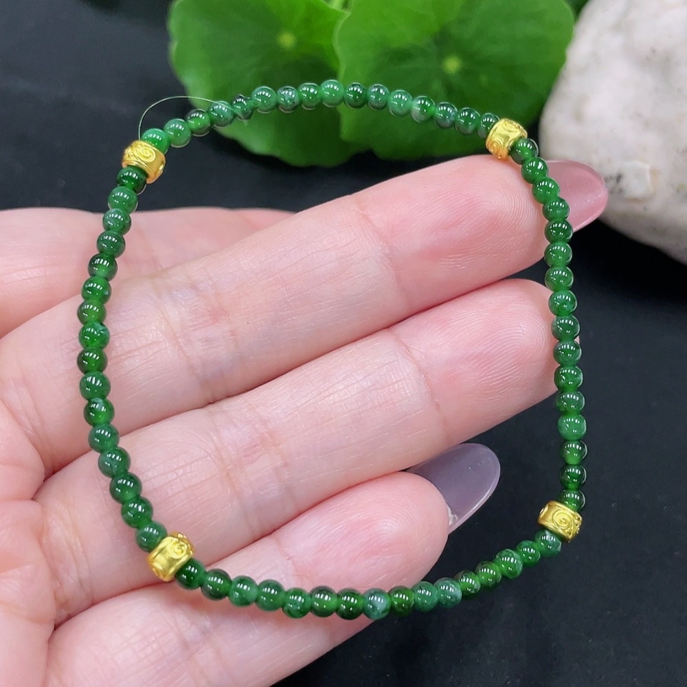 F34983096 Jadeite Bracelet Approx. 3mm Beads Total Weight Approx. 3.5g Non-gold Inlaid