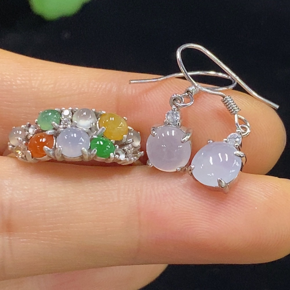 F34044525 Jadeite Inlaid Ring/Earrings Non-Gold Adjustable Red/Yellow Part Color Origin Undetermined