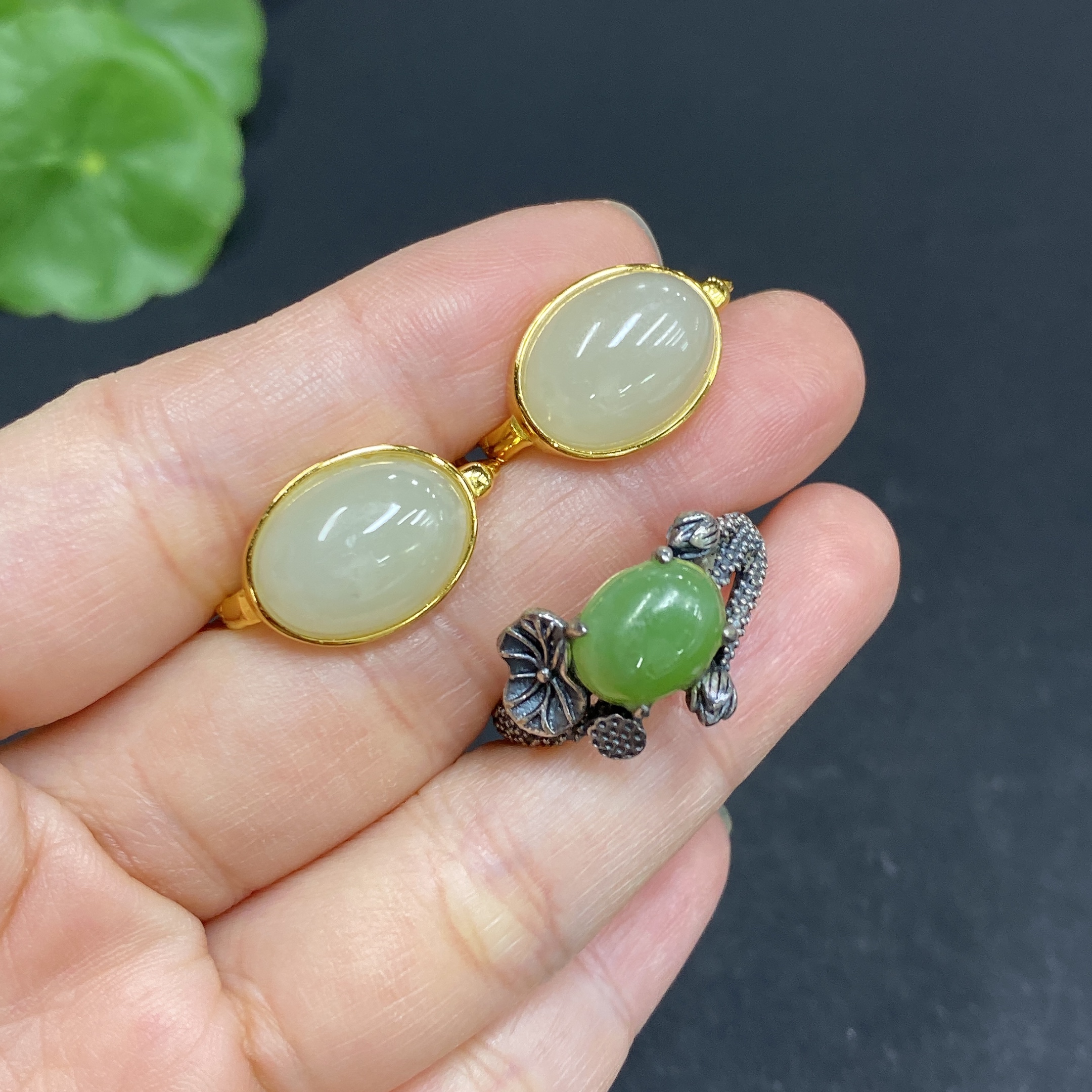 H33879541 Hetian Jade Inlaid Adjustable Ring Earrings Non-Gold Inlaid Total Weight Approx. 10.1g