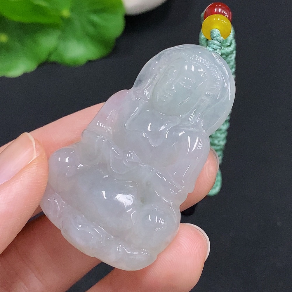 F32757816 Jadeite Guanyin Pendant with a total weight of approximately 18.1 grams (including rope weight) and non-jadeite beads