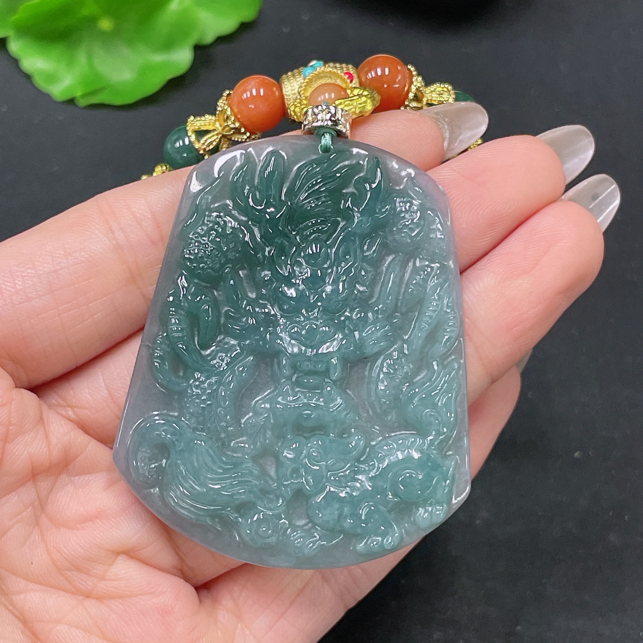 F35105382 Jadeite Pendant Dragon Plaque Non-Gold Beads Non-Grade A With Cord Total Weight Approx. 55.31g