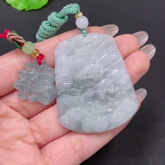 F35105397 Jadeite Pendant Landscape + Blessing Character Sell as a Lot with Non-Grade A Beads