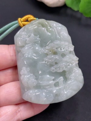 F26995796 翡翠山水牌挂件 货品总重约87.4克（含绳重）