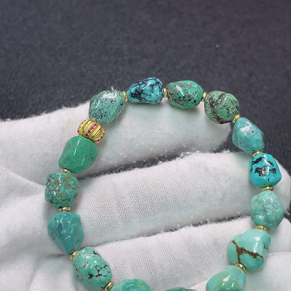 C34038427 Turquoise bead bracelet with mineral inclusions, non-gold, total weight approx.15.84g, bead size 10.3mm (mineral-included)