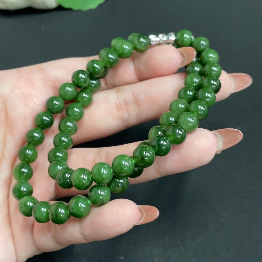 H35100071 Hetian Jade Jasper Bead Necklace, approx. 7.7 mm, total weight approx. 44.6g