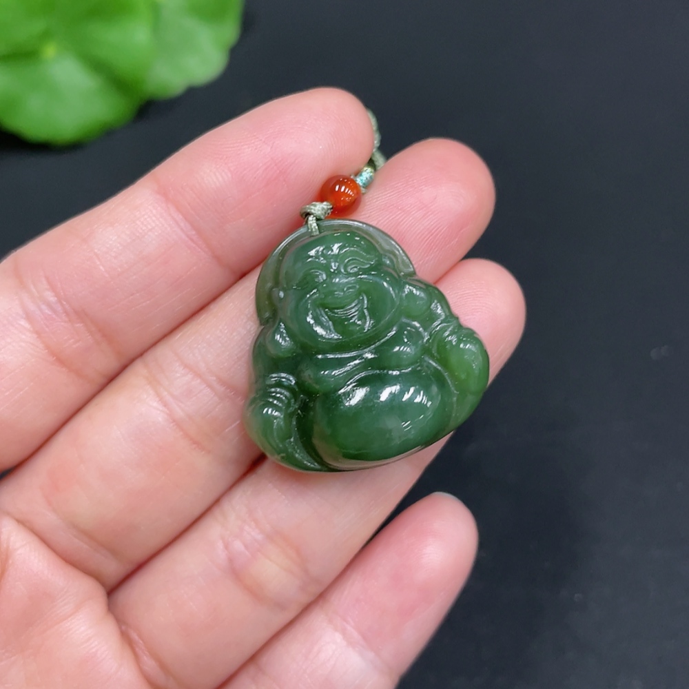 H34037751 Hetian Jade Jasper Pendant - Buddha Figure - Total Weight (with rope): 8.5g