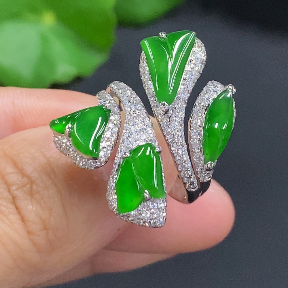 F30452380 Jadeite Inlaid Ring 18K Gold Size 13 Total Weight Approx. 9.6g (With Diamond Accents)