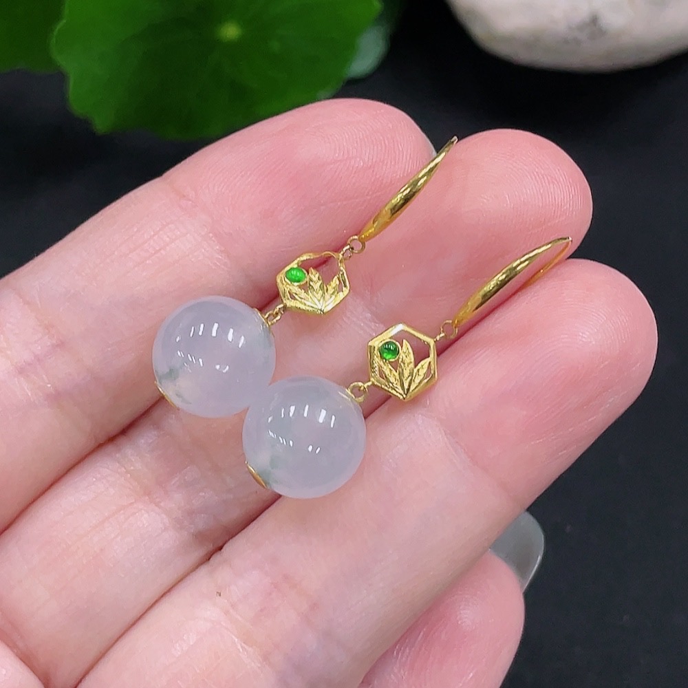 F29361179 Jadeite Inlaid Earrings, Pair, Approx. 9.8mm, 18K Gold, Total Weight Approx. 3.7g