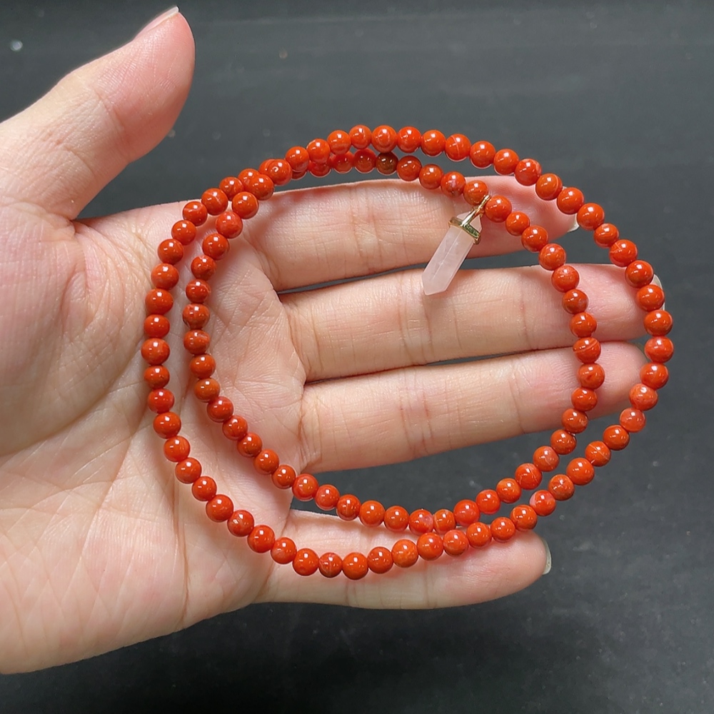 C34993762 Red Agate + Crystal Bead Strand with Visible Organic Matter, Total Weight Approx. 11.52g, Bead Size ~1mm