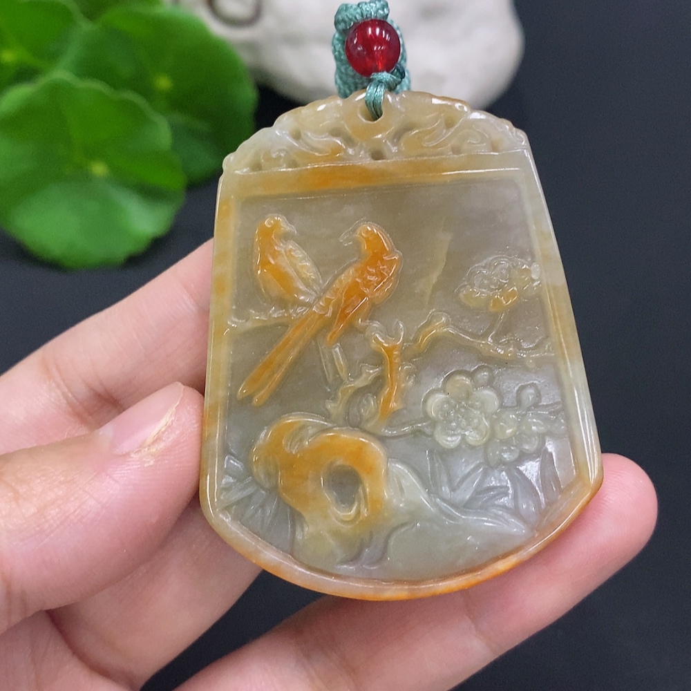 F29390403 Jadeite Blossoms of Wealth and Honor Pendant Total weight with string approx. 40.1g (Color origin undetermined)