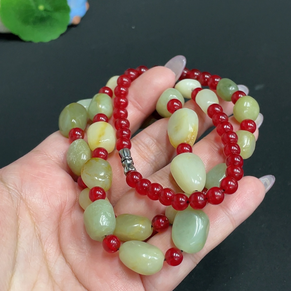H33930466 Hetian Jade Bead Necklace, Total Weight Approx. 59.8g, Contains Other Mineral Components, Undetermined Skin Color Origin, Matching Beads Not Hetian Jade
