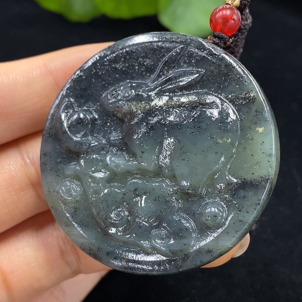 H09666265 Hetian Jade Rabbit Pendant with String, Total Weight 34g