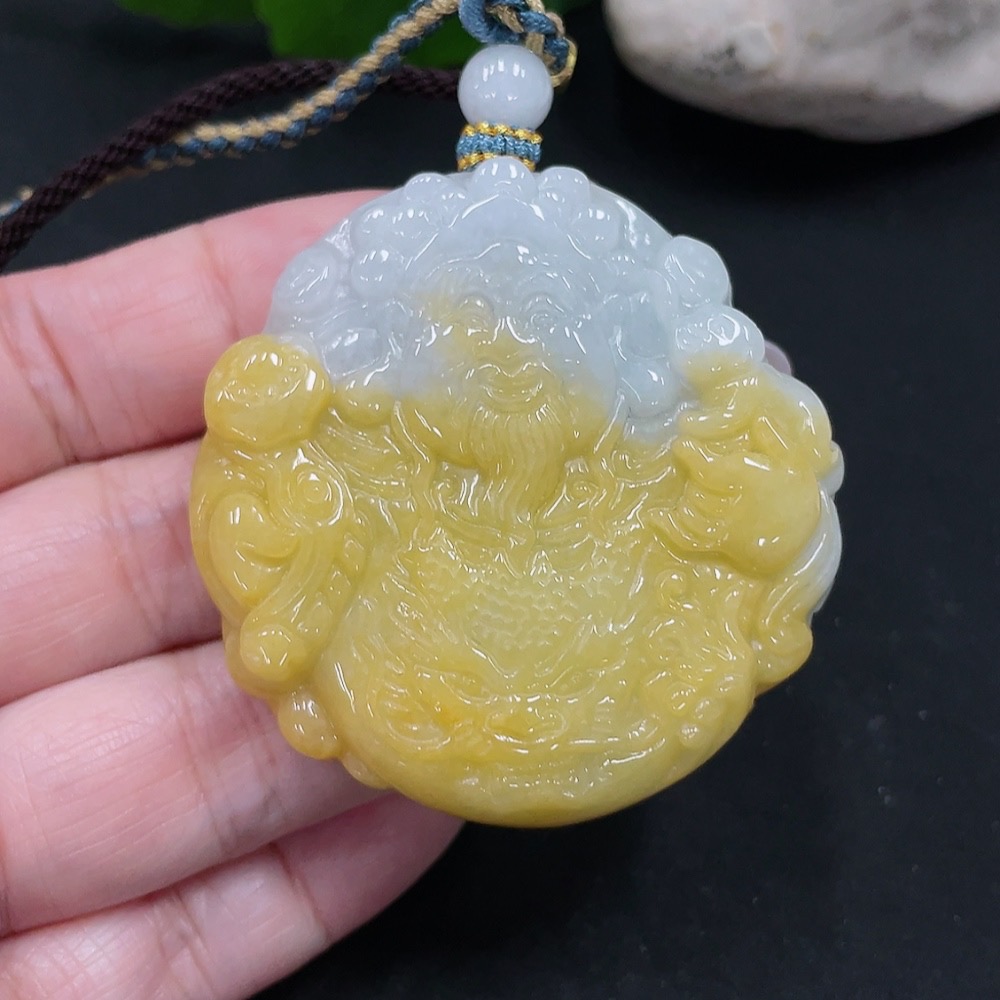 F35082311 Jadeite God of Wealth Pendant Total Weight Approx. 48.5g (Including Rope Weight)