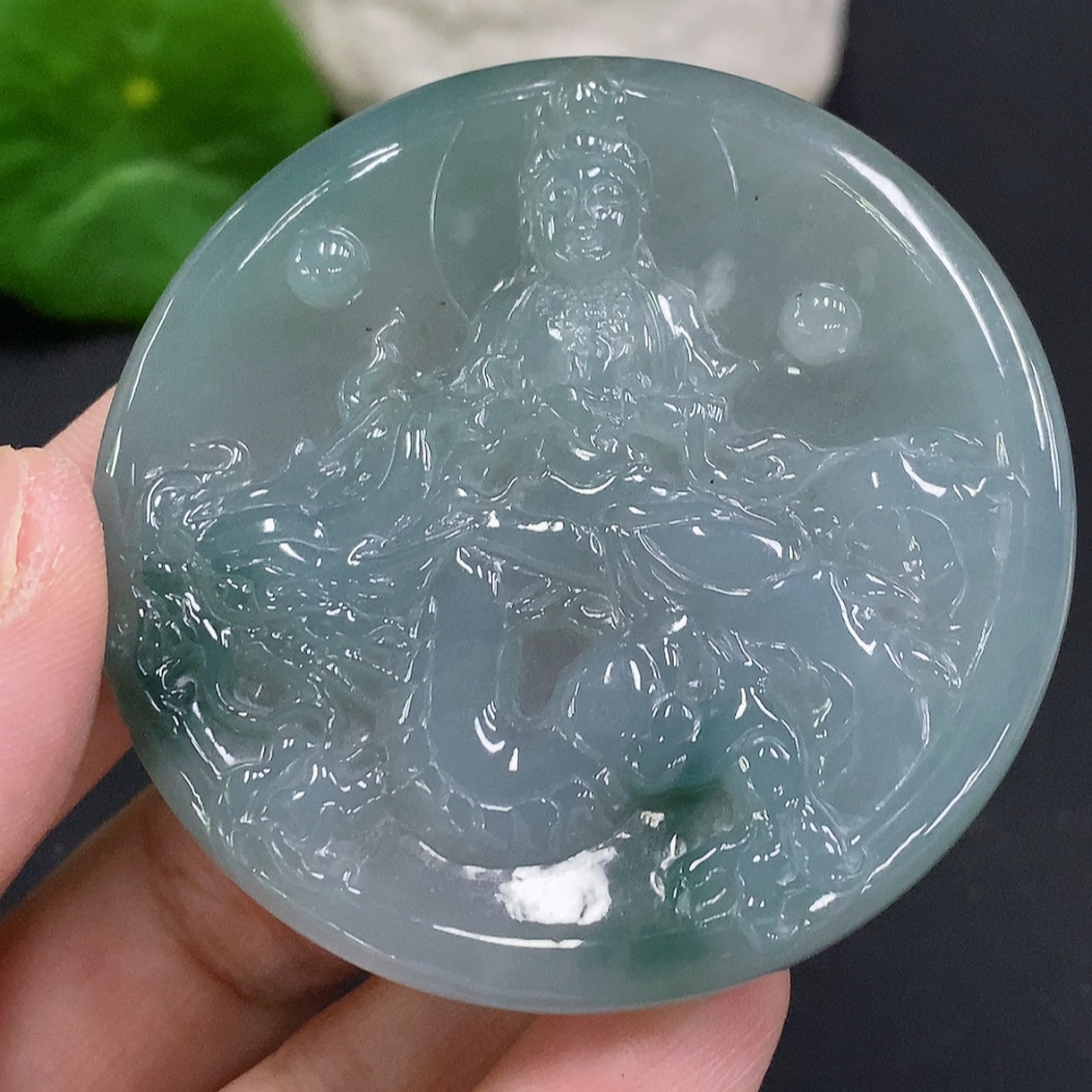 F33857927 Jadeite Dragon-Guarding Guanyin Pendant