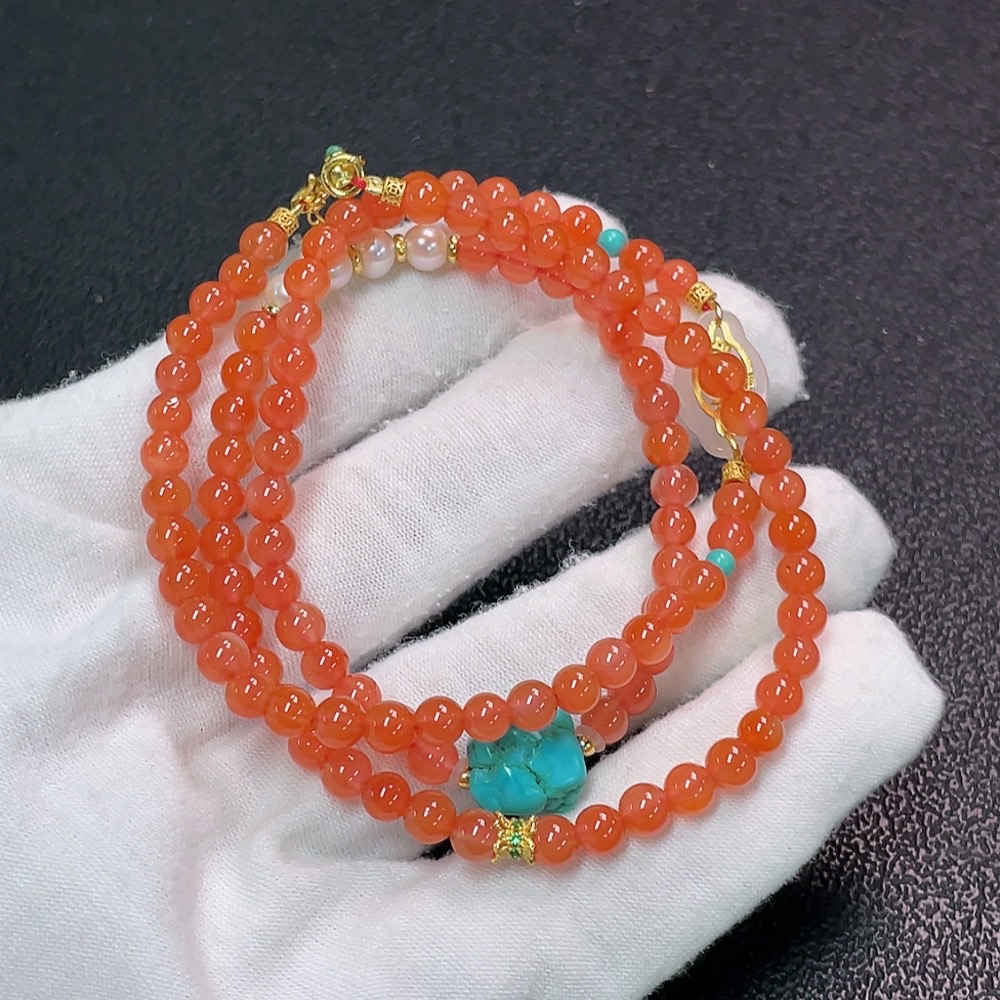 C34037882 South Red Agate Bead Necklace with Visible Organic Matter, Non-Natural Accent Stones, Paired with Pearls and Hetian Jade, Non-Gold, Total Weight Approximately 19.03g, Bead Size About 4.7mm