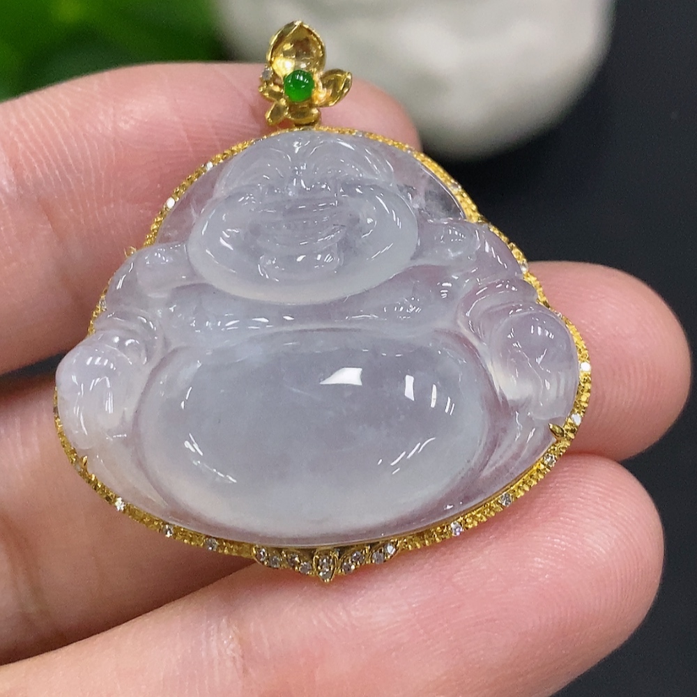 F35107388 Jadeite Buddha Pendant in 18K Gold with Diamond Accents, Total Weight Approx. 6.7g