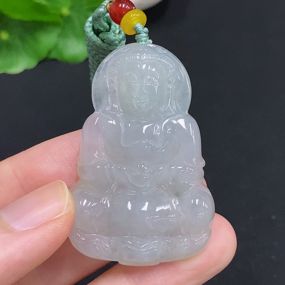 F32757816 Jadeite Guanyin Pendant with a total weight of approximately 18.1 grams (including rope weight) and non-jadeite beads
