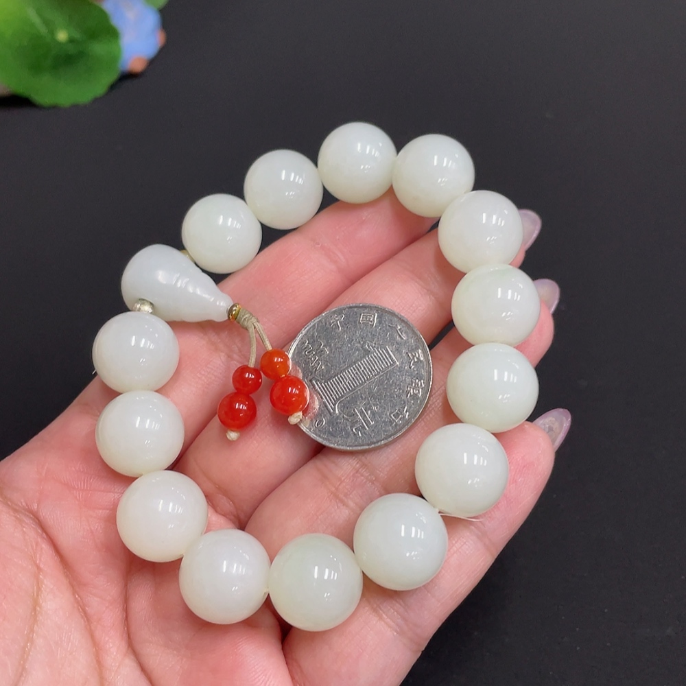 H33881630 Hetian Jade Bracelet, Approx. 13.7mm, Total Weight Approx. 63.8g, Contains Other Mineral Components, Beads Not Hetian Jade