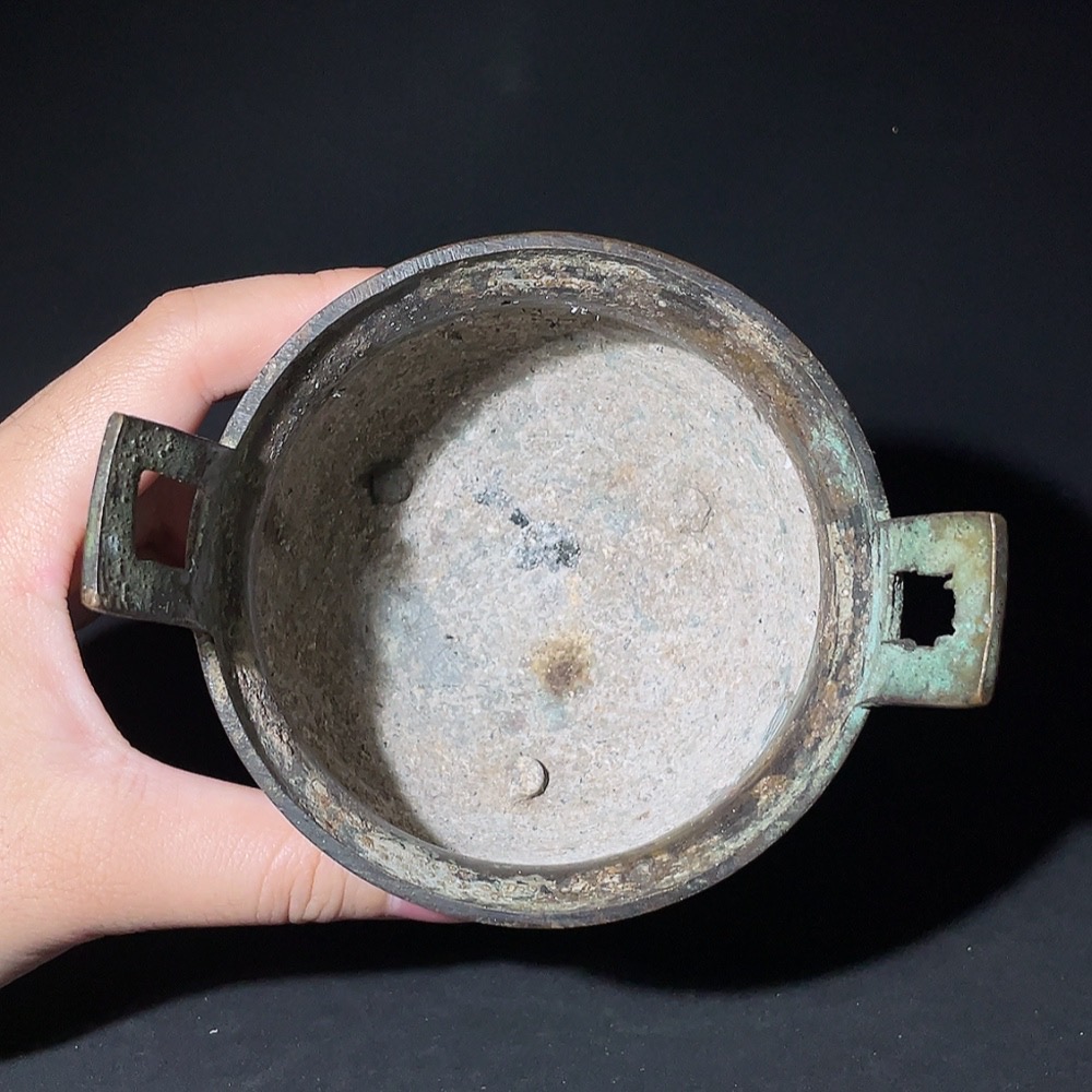 W28238912 Miscellaneous Late Qing and Republic Period Three-legged Double-handled Copper Incense Burner with Floral Engravings