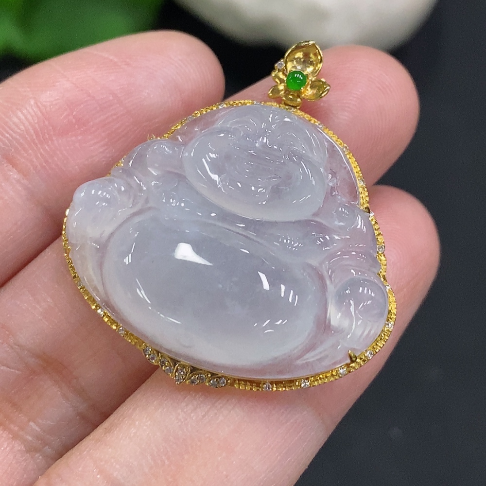 F35107388 Jadeite Buddha Pendant in 18K Gold with Diamond Accents, Total Weight Approx. 6.7g