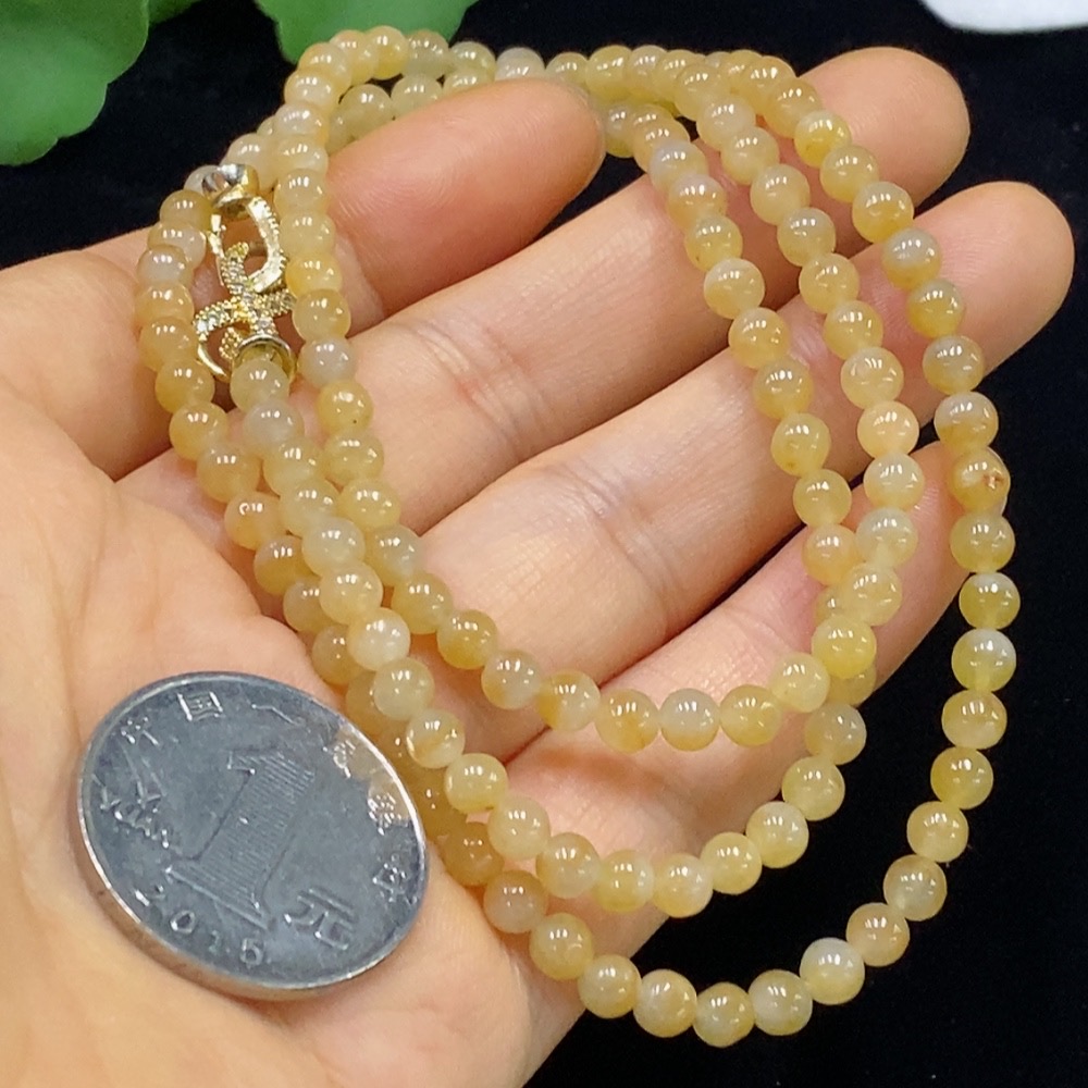 F34024091 Jadeite Bead Necklace Approx. 4.2mm Total Weight Approx. 22.95g Yellow Part Color Origin Undetermined Non-Gold
