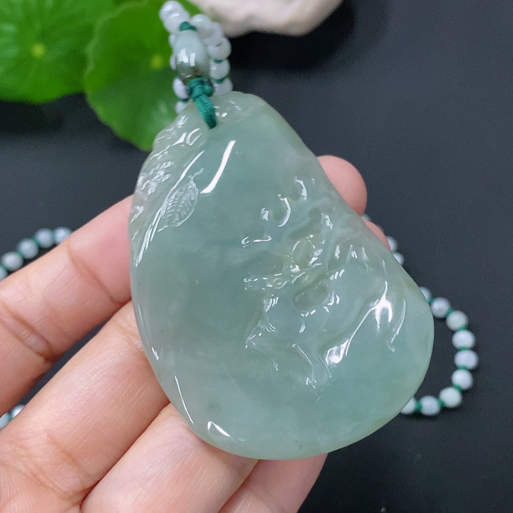 F30523229 Jadeite Pendant Deer Plaque Total Weight Approx. 37.97g Including Chain Color Origin Undetermined