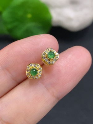 F34001329 Jadeite Cabochon Stud Earrings Non-Gold Setting Total Weight Approx. 0.7g