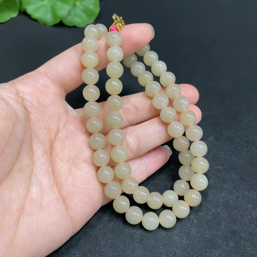 H34037001 Hetian Jade Bead Necklace Approx. 7.7mm Non-Gold-Inlaid Total Weight About 43.2g