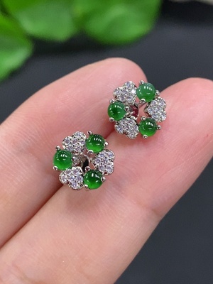 F34962303 Jadeite Cabochon Stud Earrings Non-Gold Setting Total Weight Approx.1.4g