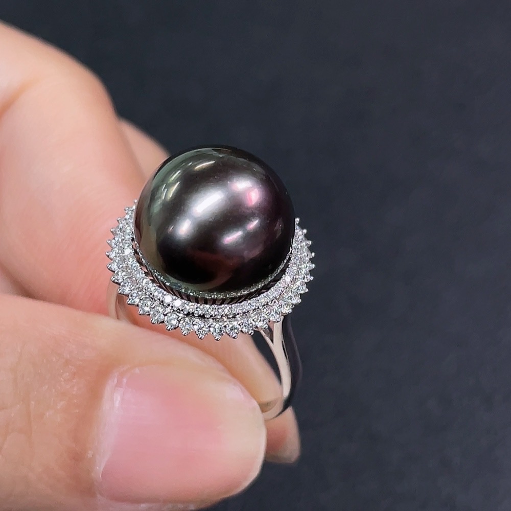 C33892171 18K Saltwater Pearl Ring with Diamond Accents, Total Weight Approx. 5.36g, Size 13, Stone Measures About 12.1mm
