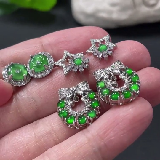 F33908895 Jadeite Inlaid Earrings Sell as a Lot Non-Gold