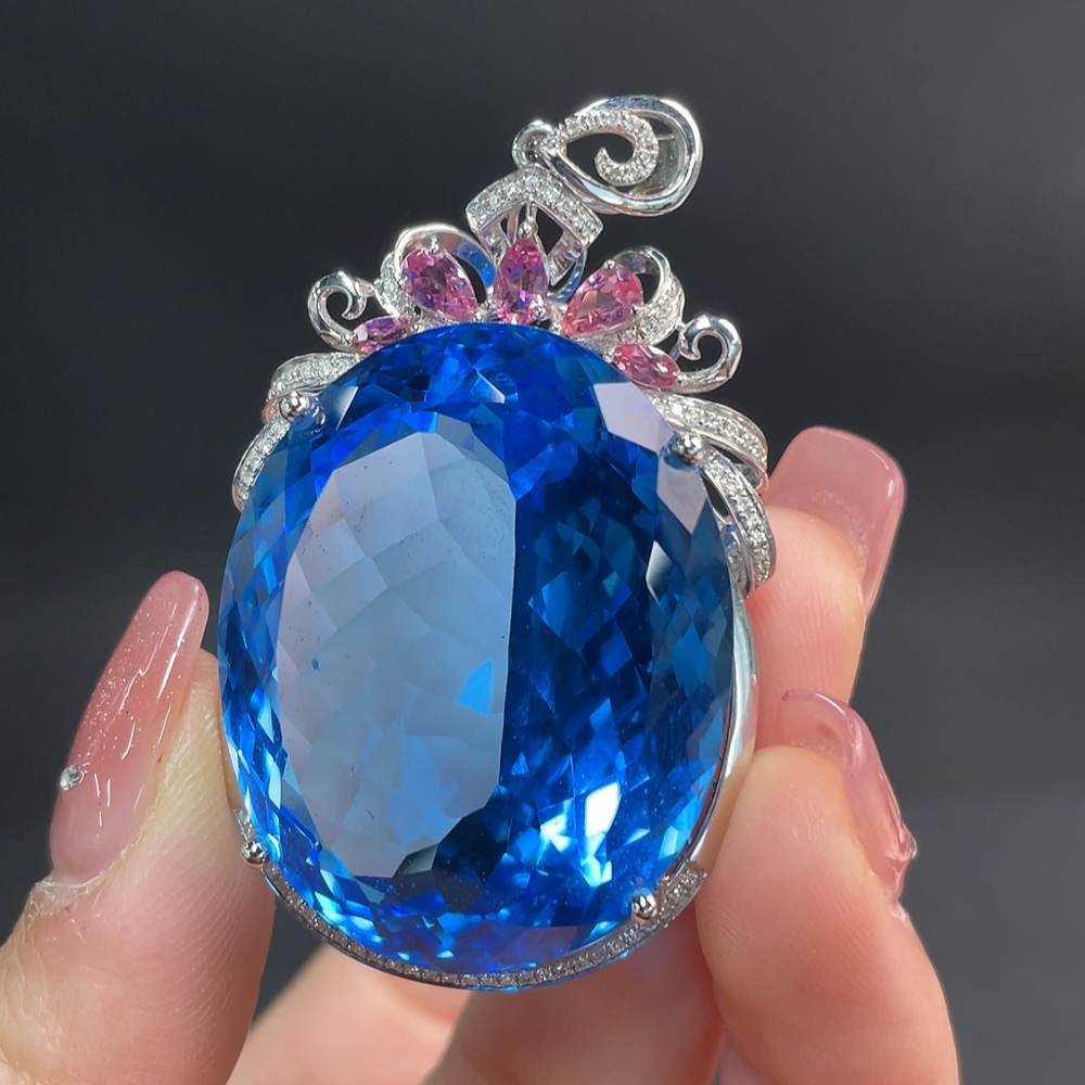 C24768950 18K Gold Topaz Pendant with Color Origin Undetermined and Pink Tourmaline, Total Weight Approx. 30.58g
