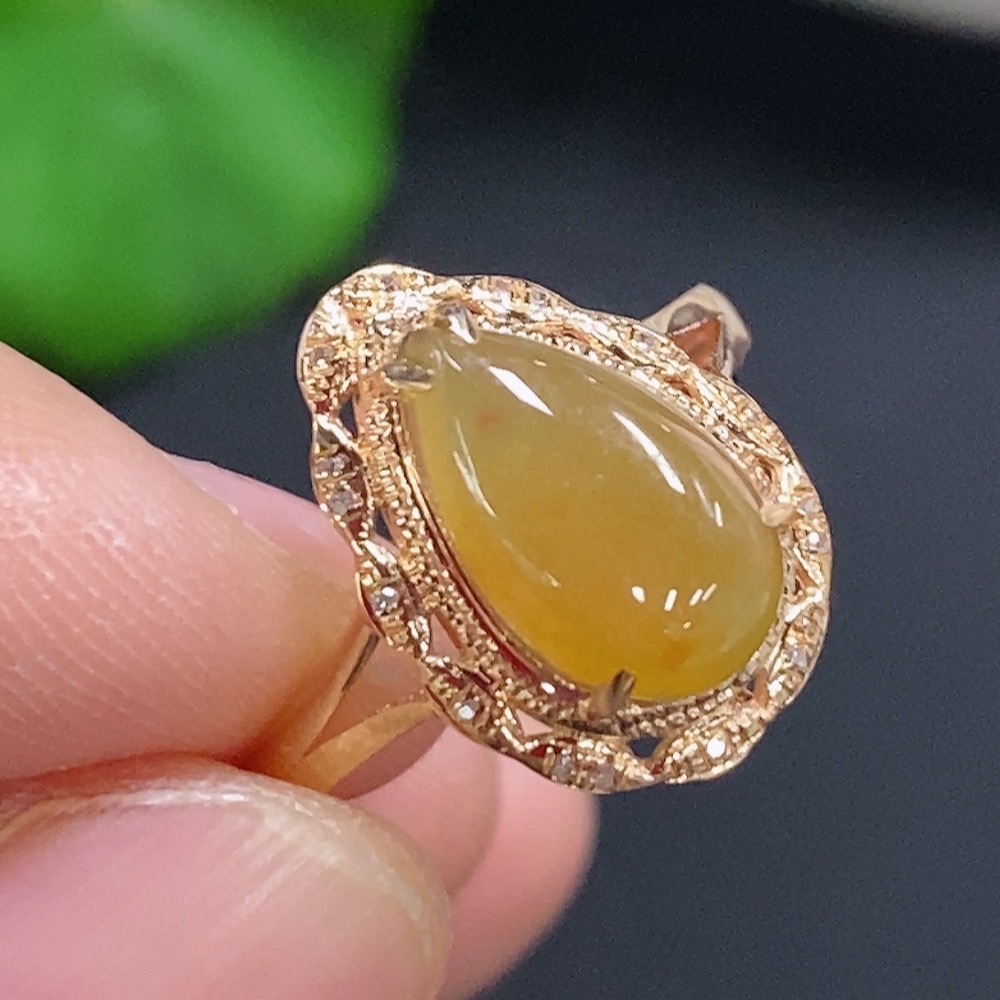 F28192095 Jadeite Water Drop Inlaid Ring 18k Gold Setting Size 14.5 Total Weight Approx. 1.83g Color Origin Undetermined With Diamond Accents