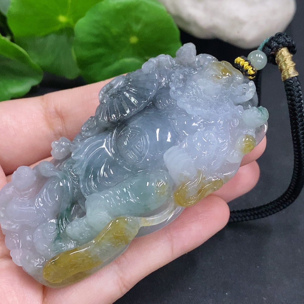 F34000183 Jadeite Pendant God of Wealth with Other Mineral Components Including Rope Total Weight Approx. 74.6g