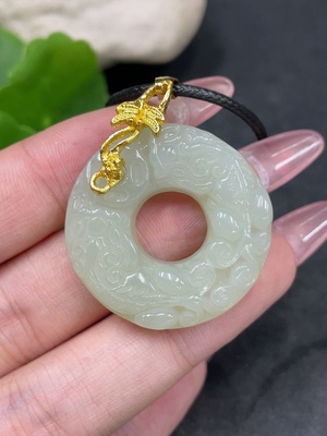 H33924426 Hetian Jade Pendant - Auspicious Beast Ring, Non-Gold Inlaid, Total Weight (Including Rope): Approx. 12.2g