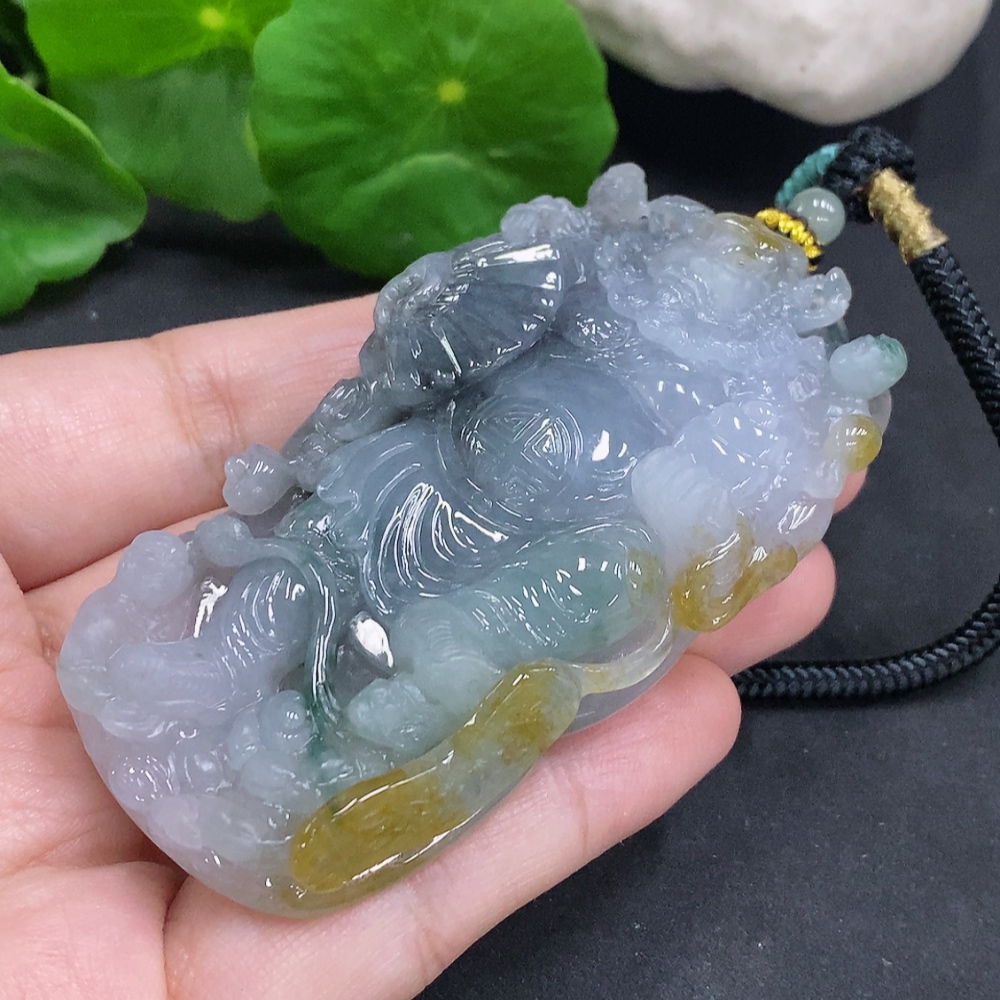 F34000183 Jadeite Pendant God of Wealth with Other Mineral Components Including Rope Total Weight Approx. 74.6g