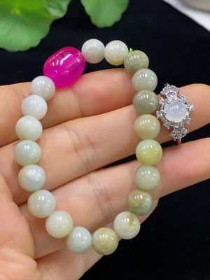F31587246 Jadeite inlaid ring/bracelet non-gold adjustable with non-A beads