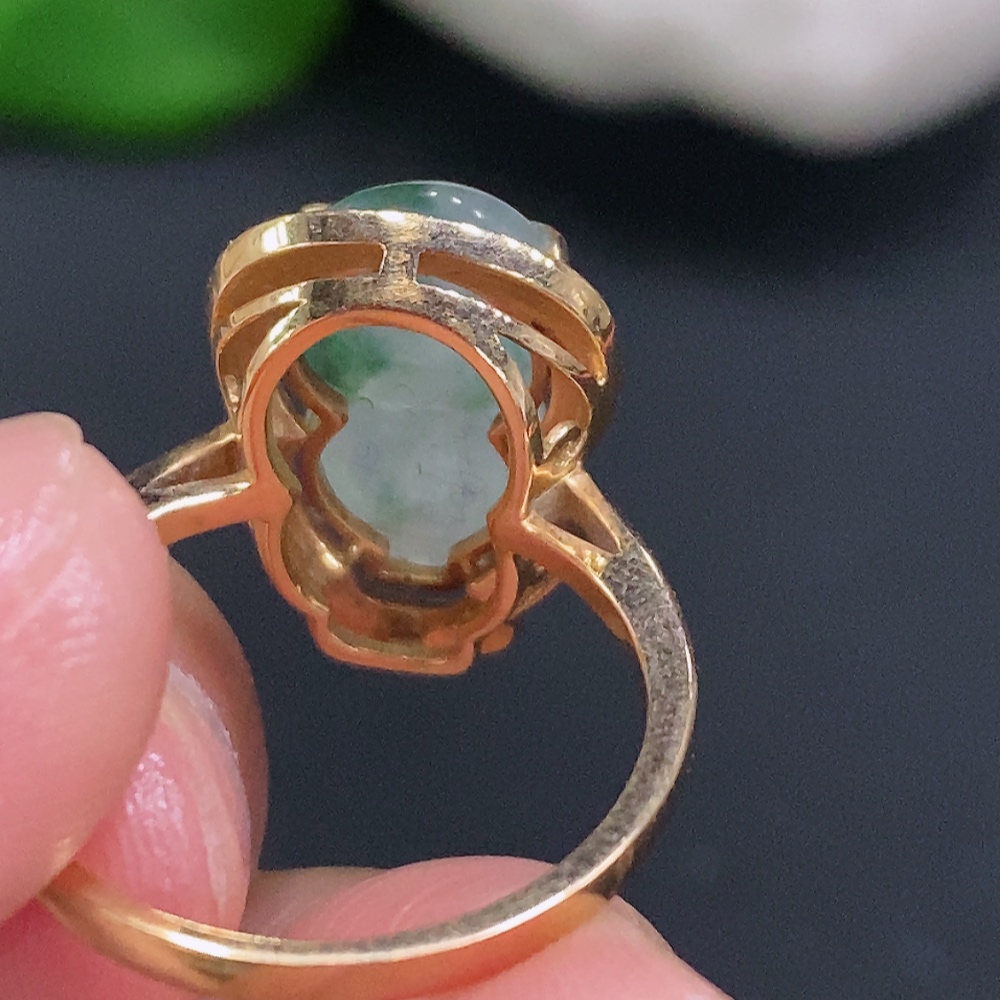 F33884107 Jadeite Gourd Inlaid Ring 18K Gold Size 14 Total Weight Approx 4.4g (With Diamond Accents)