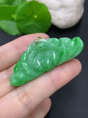 F46595273 翡翠莲花挂件 18k金扣头 货品总重量约11克
